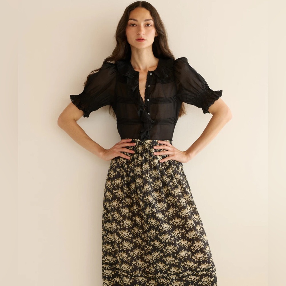 new Doen Balsam ruffle button down blouse in black cotton